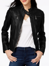 Load image into Gallery viewer, Women Black Faux Leather Snap Collar Leather Jacket
