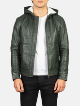 Load image into Gallery viewer, Mens Baston Green Hooded Leather Bomber Jacket
