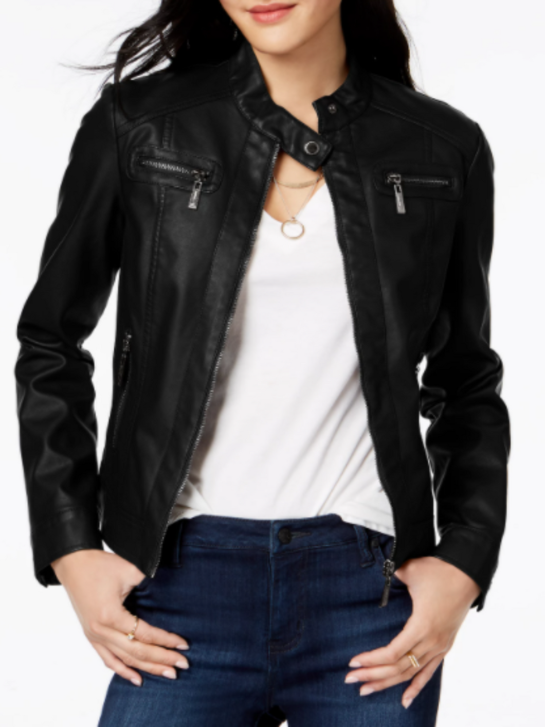 Women Black Faux Leather Snap Collar Leather Jacket