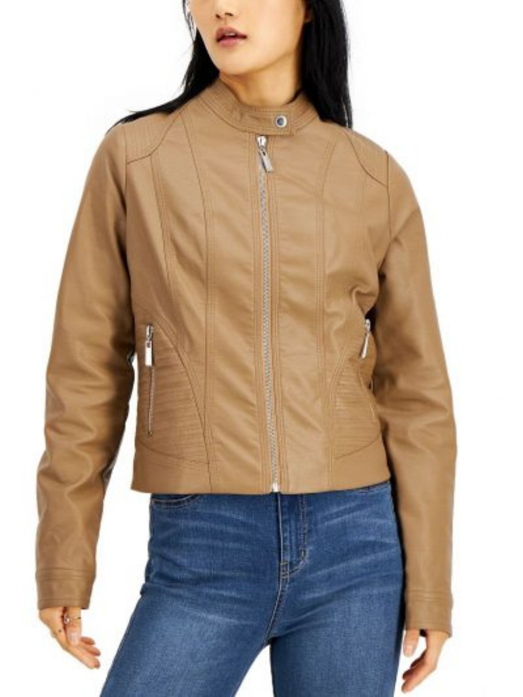 Women Brown Faux Leather Snap Collar Jacket