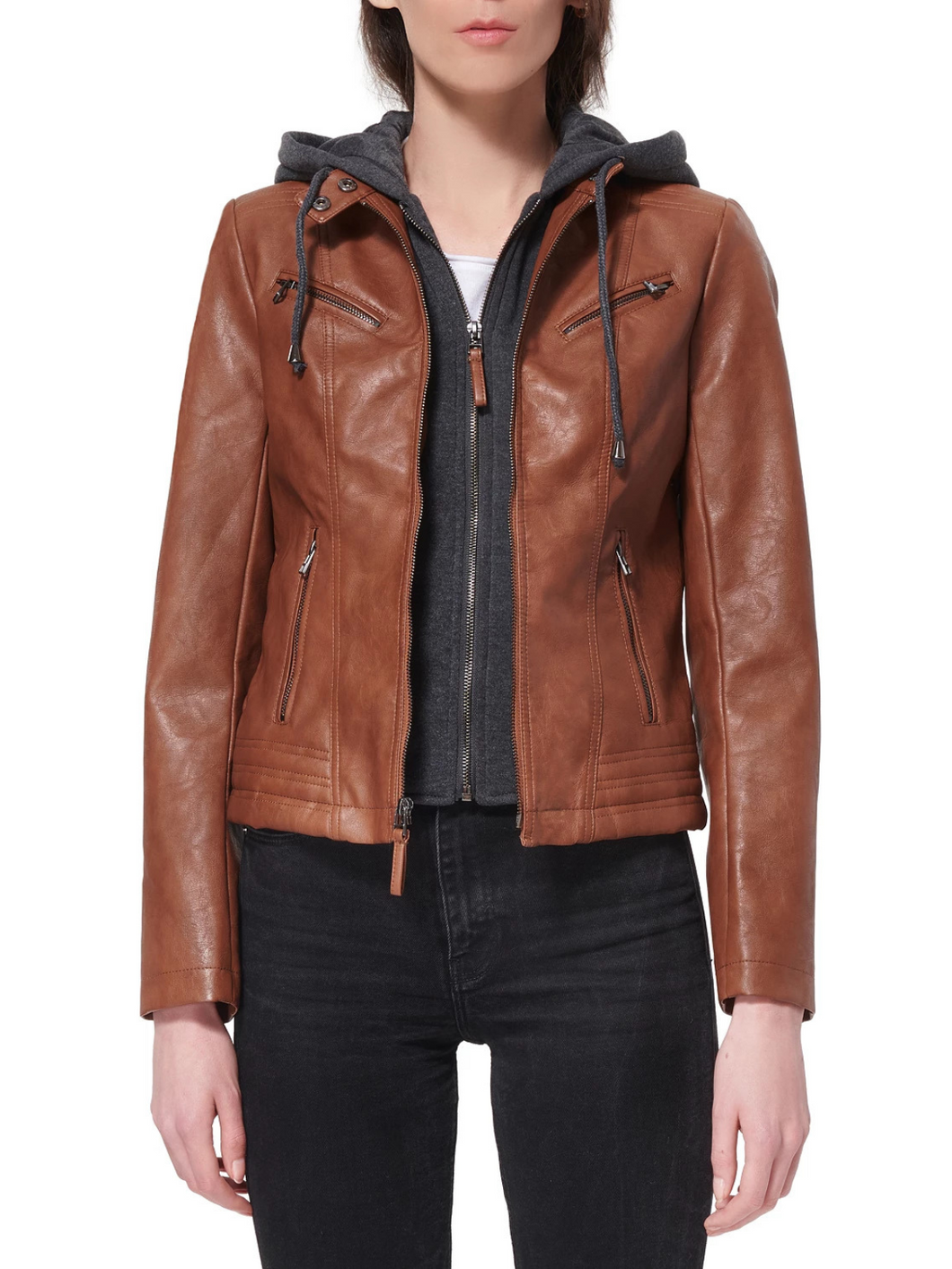 Women Brown Real Leather Hooded Collar Jacket