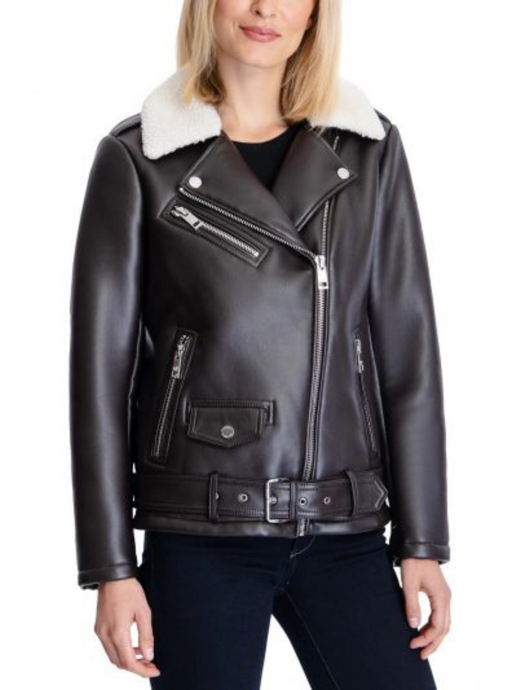 Women Black Real Leather Fur Collar Jacket