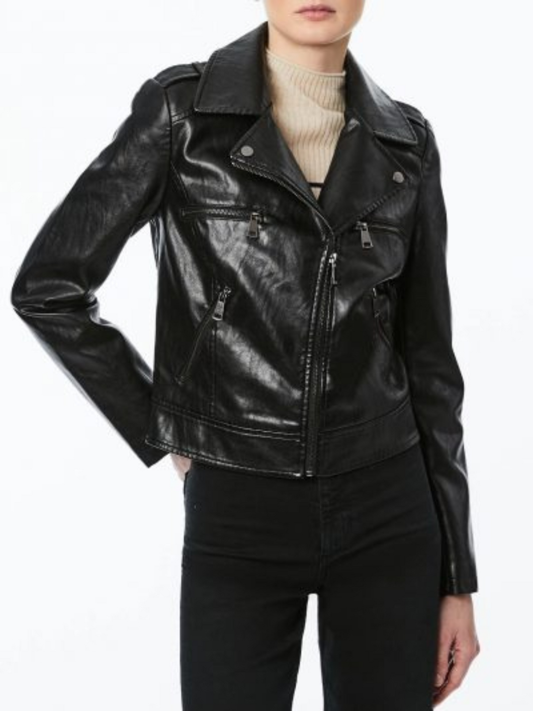 Notch Lapels Collar Real Black Leather Jacket For Women