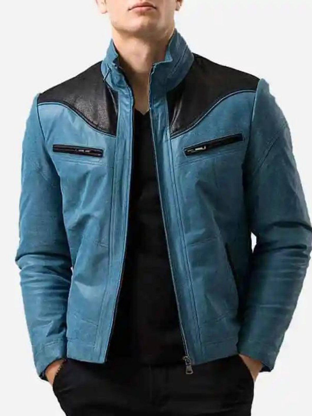 Men Blue and Black Leather Jacket