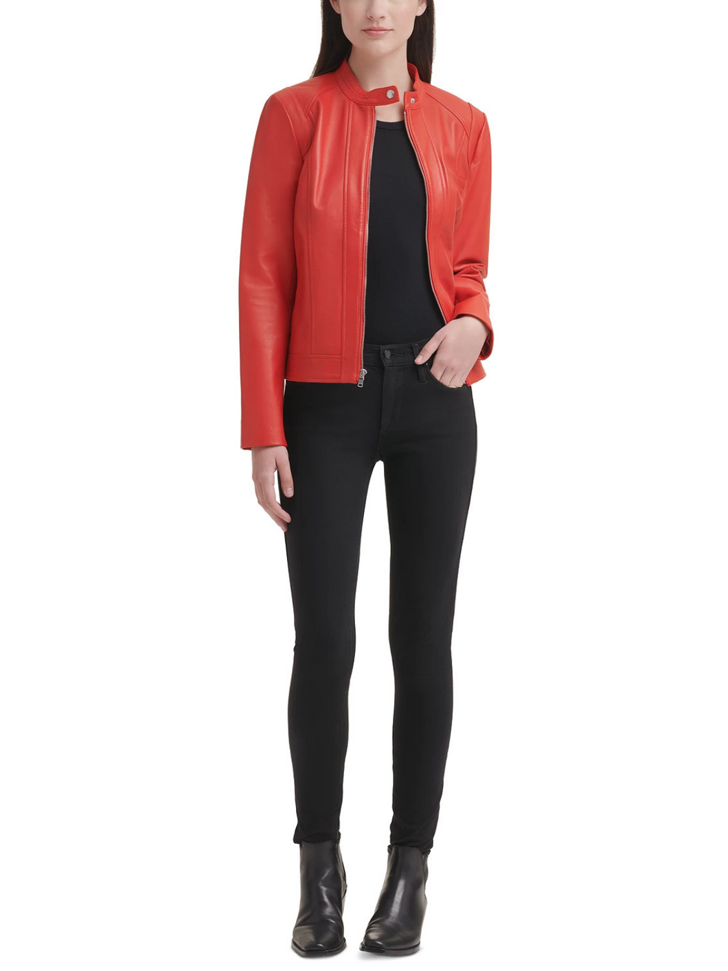 Women Real Leather Snap Collar Jacket In Red
