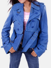Load image into Gallery viewer, Womens Blue Designer Leather Jacket
