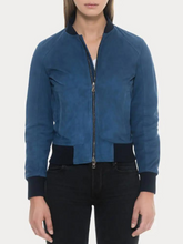 Load image into Gallery viewer, Women Blue Suede Bomber Jacket
