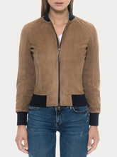 Load image into Gallery viewer, Women Tan Suede Bomber Jacket
