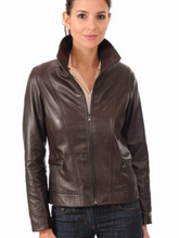 Load image into Gallery viewer, Women’s Stand Collar Brown Biker Leather Jacket
