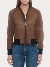 Load image into Gallery viewer, Women Sugar Brown Bomber Leather Jacket
