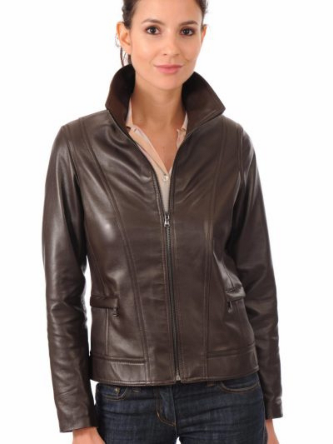 Women’s Stand Collar Brown Biker Leather Jacket