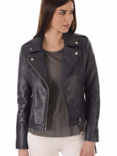 Load image into Gallery viewer, Women’s Asymmetrical Biker Black Leather Jacket
