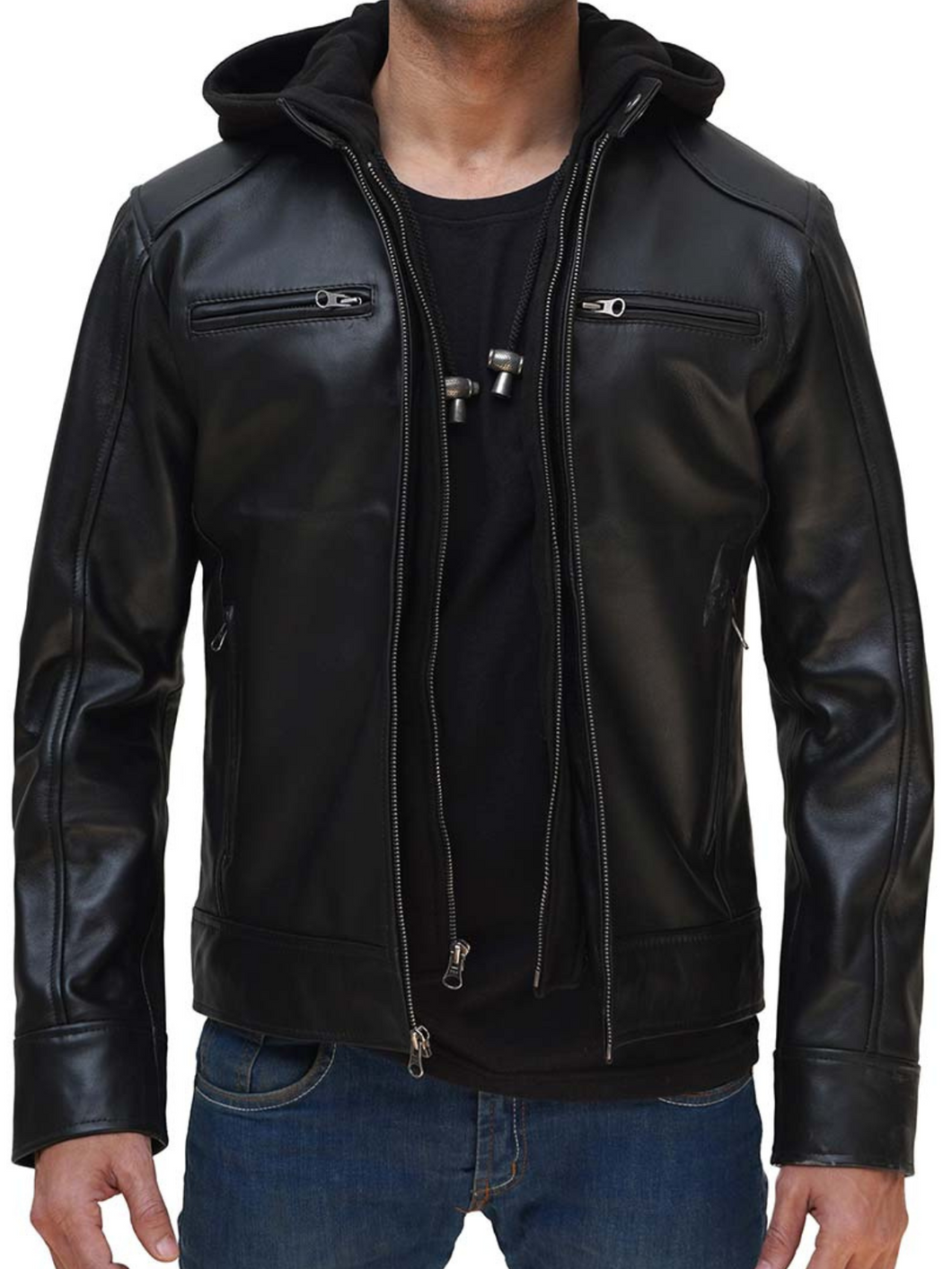 Dodge Mens Black Leather Jacket with Removable Hood