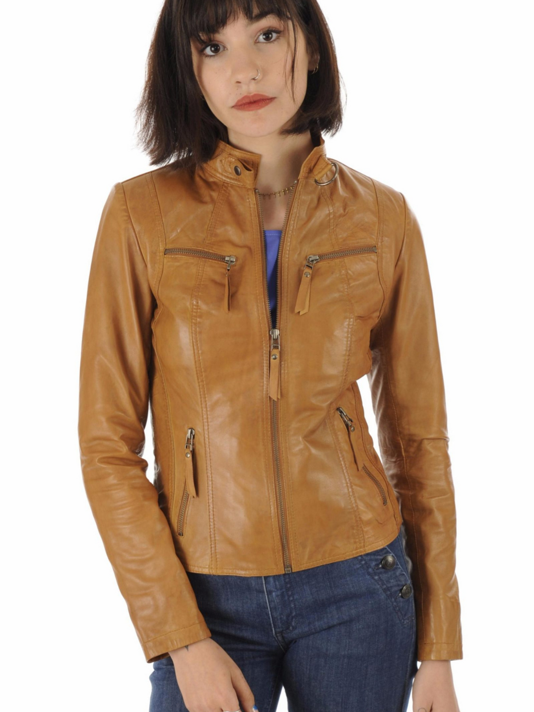 Women’s Brown Biker Snap Collar Jacket