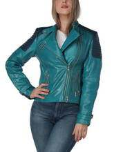 Load image into Gallery viewer, Women’s Teal Leather Biker Jacket

