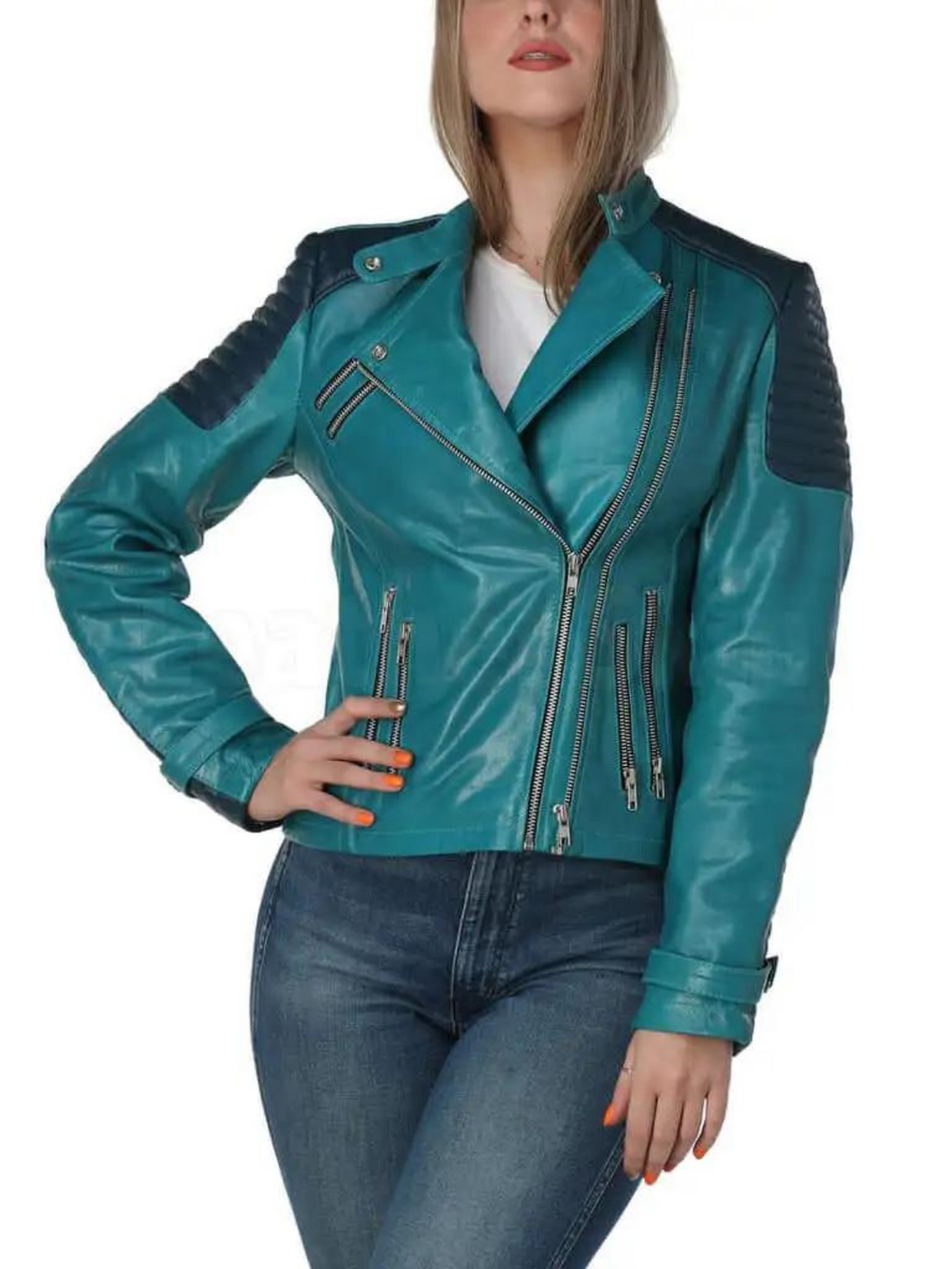Women’s Teal Leather Biker Jacket