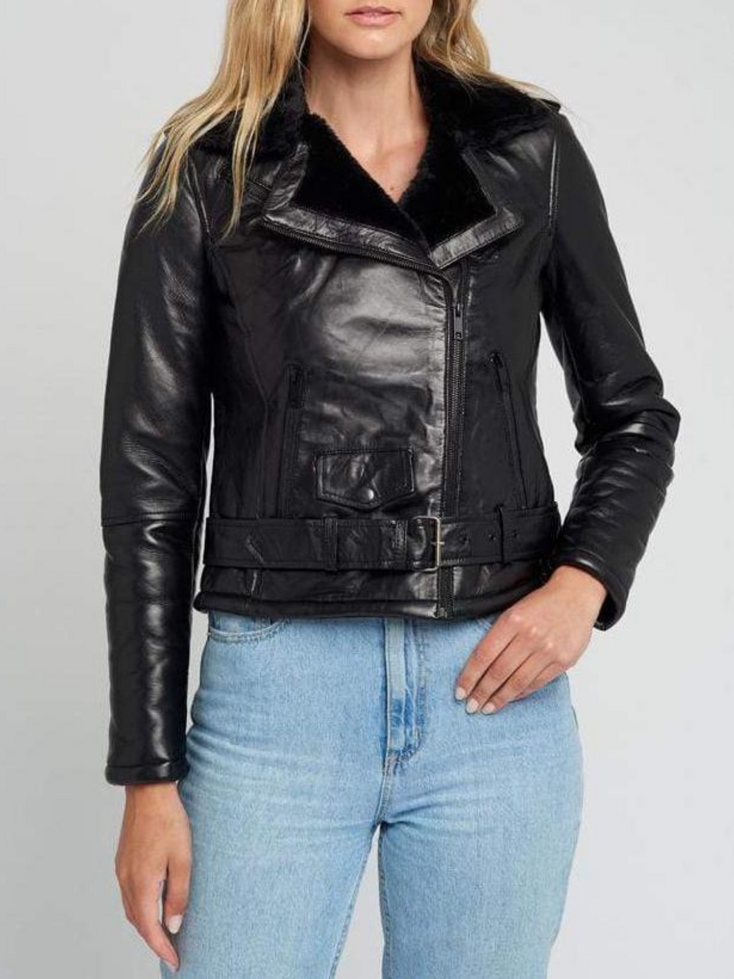 Women Ave Black Fur Biker Leather Jacket