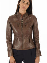 Load image into Gallery viewer, Women Brown Biker Leather Jacket With Snap Button Collar
