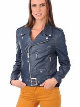 Load image into Gallery viewer, Dark Blue Lapel Collar Biker Women Jacket
