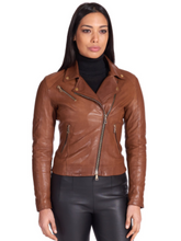 Load image into Gallery viewer, Women’s Casual Brown Leather Biker Jacket
