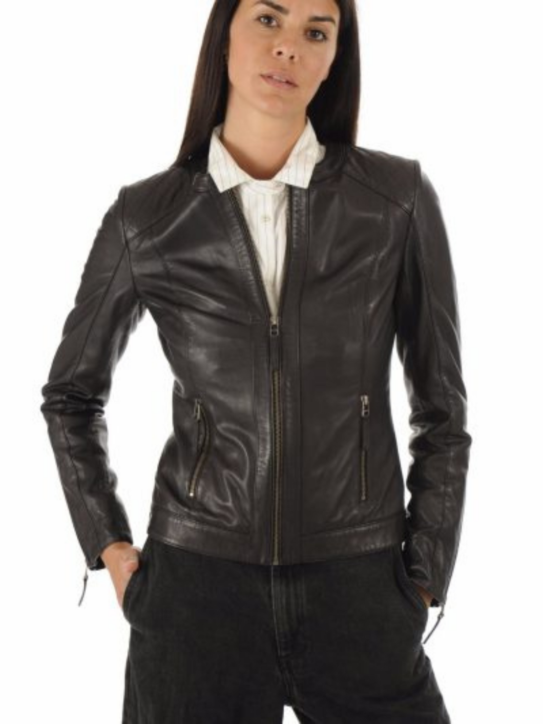 Women Collarless Quilted Biker Black Leather Jacket