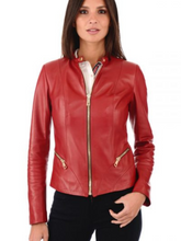 Load image into Gallery viewer, Women Round Collar Red Leather Biker Jacket
