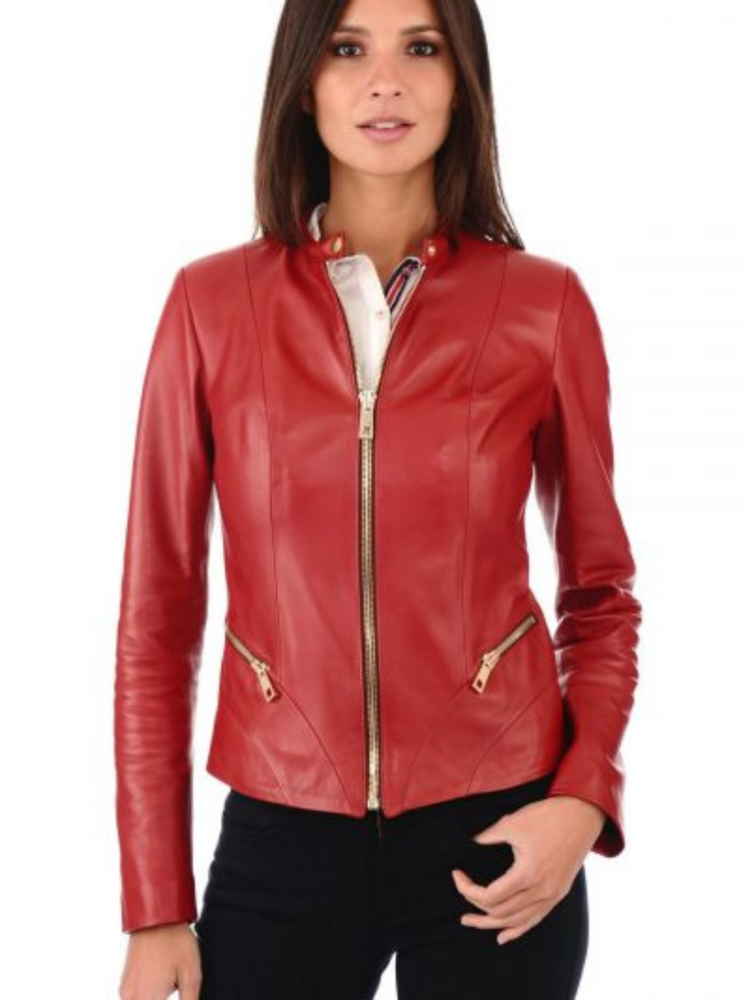 Women Round Collar Red Leather Biker Jacket