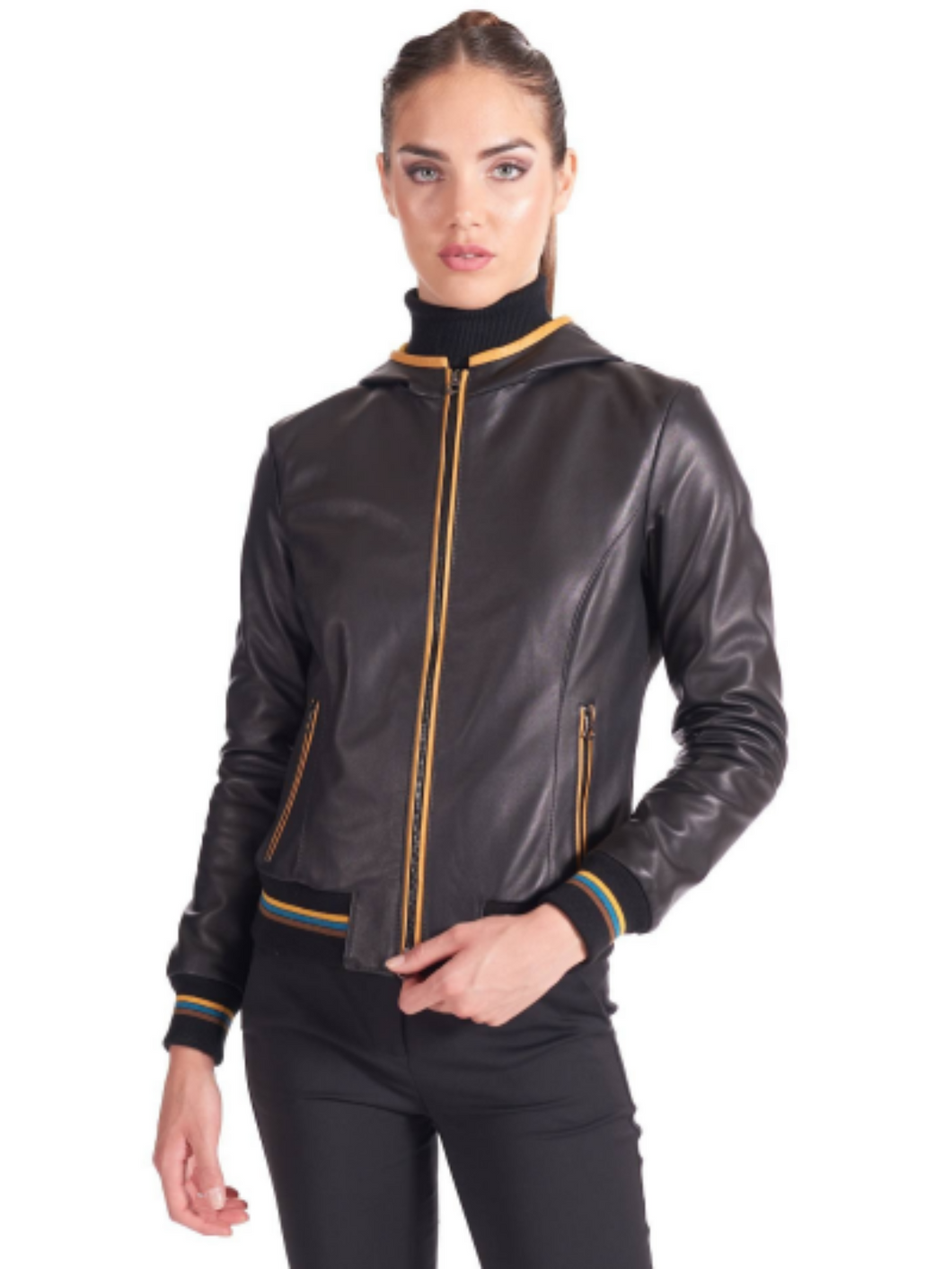 Women’s Bomber Hooded Black Leather Jacket