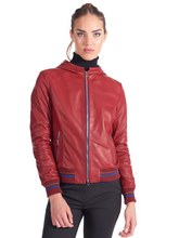 Load image into Gallery viewer, Women’s Red Bomber Hooded Leather Jacket
