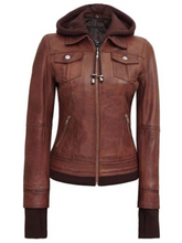 Load image into Gallery viewer, Women&#39;s Removable Hooded Bomber Leather Jacket
