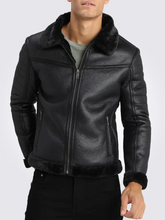 Load image into Gallery viewer, Men’s Black Shearling Collar Leather Jacket
