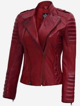 Load image into Gallery viewer, Red Asymmetrical Padded Leather Jacket
