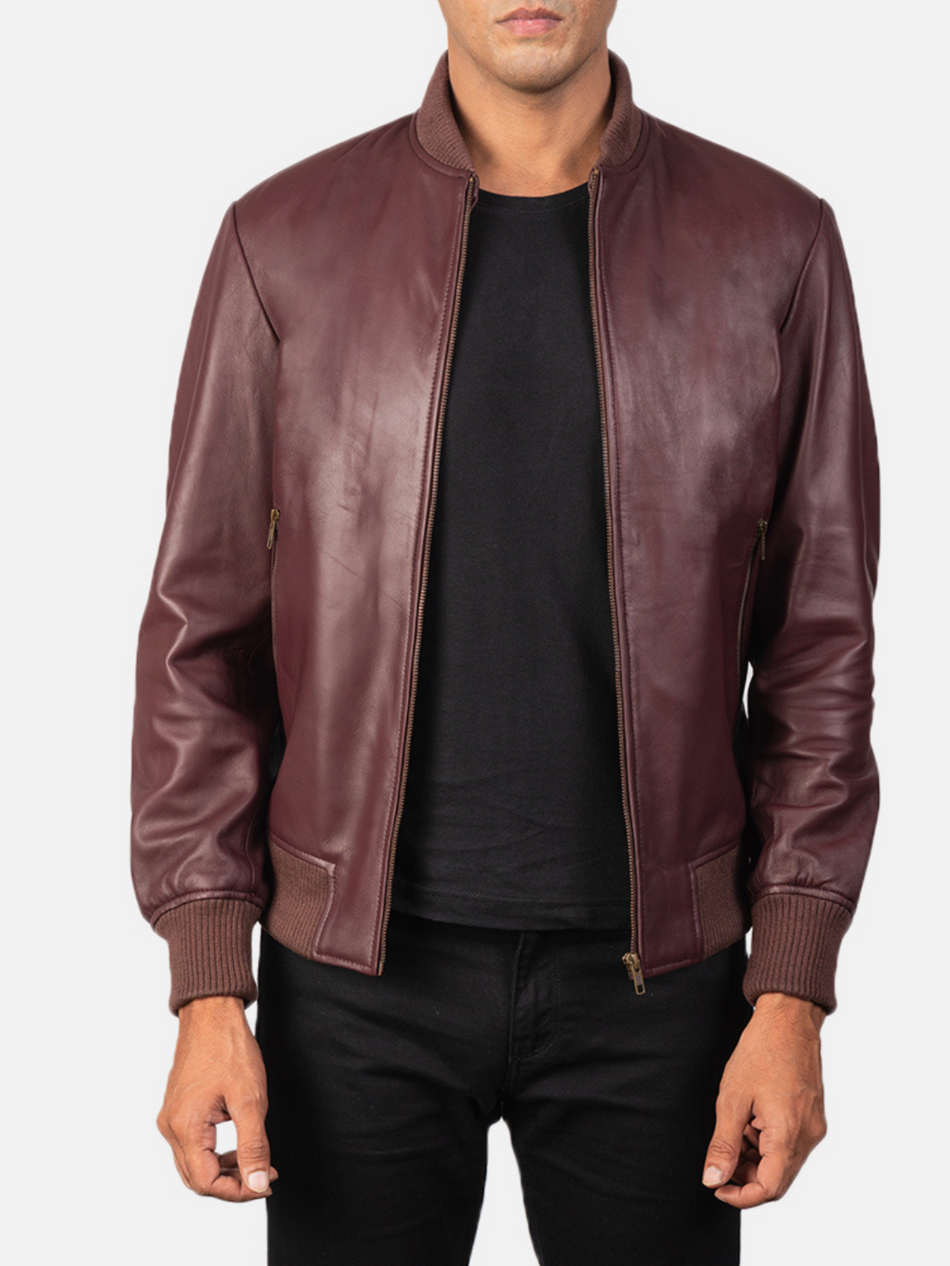 Men's trendy maroon bomber sheepskin leather jacket