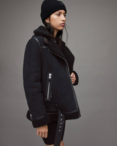 Women's Matt Black Shearling Leather Jacket