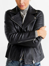 Load image into Gallery viewer, Womens Hem Collar Beautiful Biker Leather Jacket
