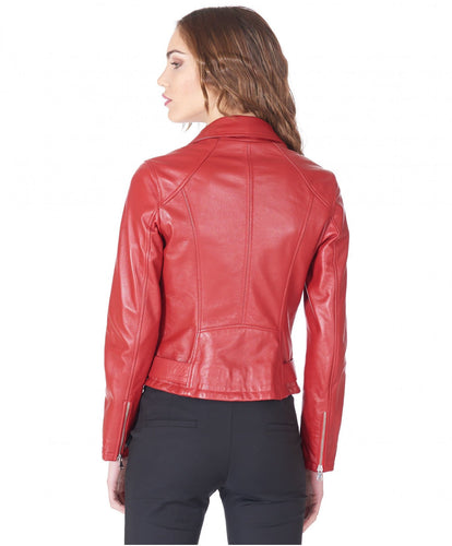Women Belt Closure Red Biker Leather Jacket