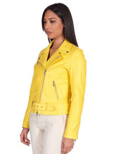Load image into Gallery viewer, Women Belt Closure Yellow Biker Leather Jacket
