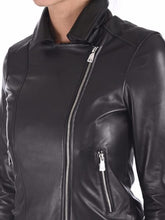 Load image into Gallery viewer, Women Black Biker Leather Jacket With Lapel Collar
