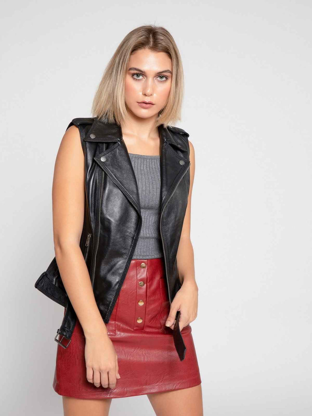 Womens Stylish Black Leather Vest - Boneshia.com