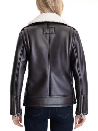 Women Black Real Leather Fur Collar Jacket