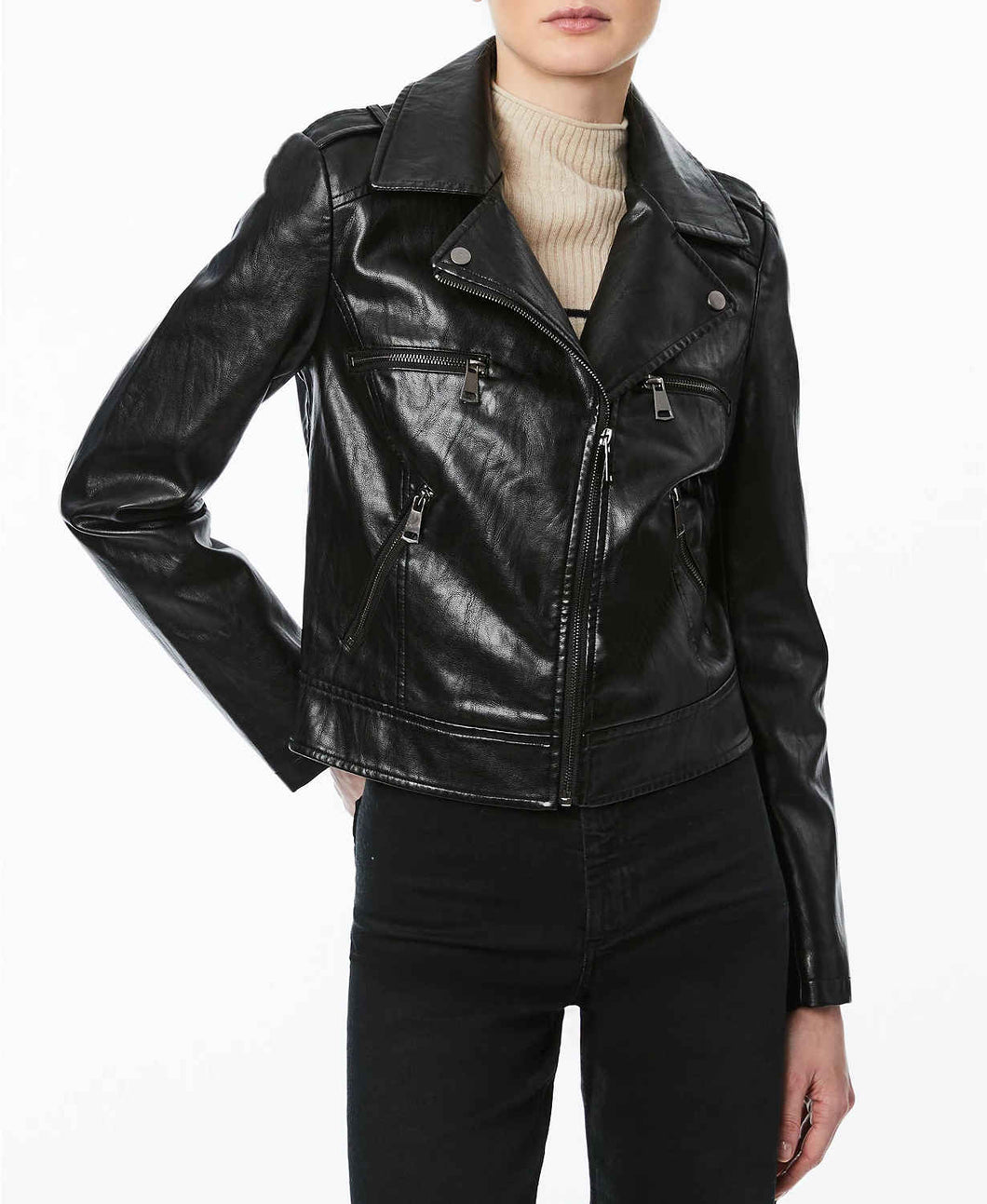 Black Real Leather Notch lapel collar leather Jacket