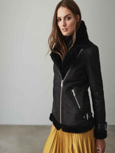 Load image into Gallery viewer, Women Black Shearling Leather Jacket
