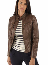 Load image into Gallery viewer, Women Brown Biker Leather Jacket With Snap Button Collar
