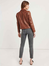 Load image into Gallery viewer, Womens Rusty Brown Biker Hem Cuffs Leather Jacket – Boneshia
