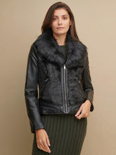 Load image into Gallery viewer, Women Faux Fur Black Leather Jacket
