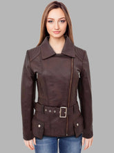 Load image into Gallery viewer, Women Leather Brown Biker Jacket
