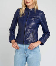 Load image into Gallery viewer, Women’s Blue Cafe Racer Leather Jacket
