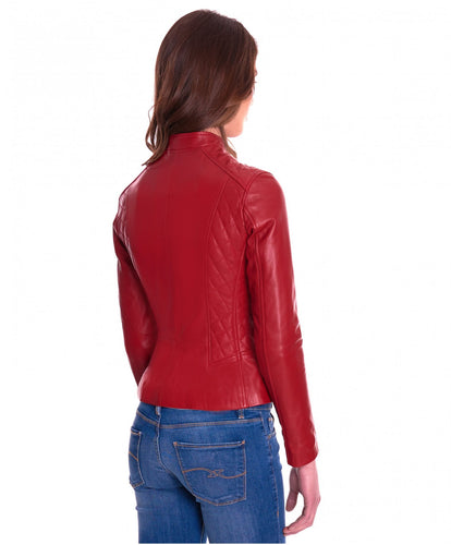 Women Zipper Red Biker Leather Jacket