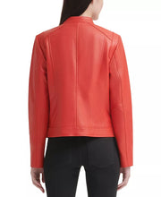 Load image into Gallery viewer, Women Real Leather snap collar leather Jacket in Red
