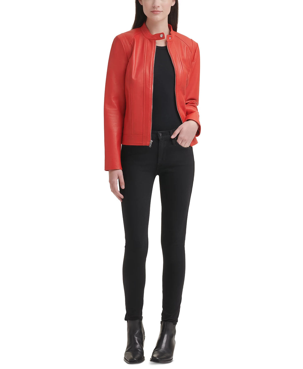 Women Real Leather snap collar leather Jacket in Red